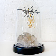 Real Bat Skeleton Hanging Over Smokey Quartz Cluster Stone in Glass Dome