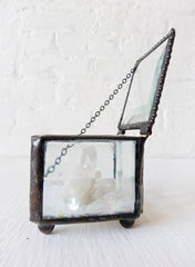 Beveled Glass Jewelry Box with Raw Quartz Crystal Point and Rainbow Mica
