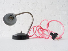 30% SALE Industrial Lamp Retro Atomic Chrome Black Desk Light with Neon Pink Textile Cord