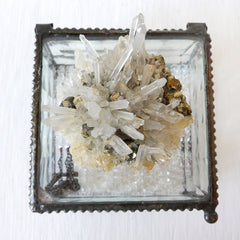 Beveled Glass Jewelry Box with Quartz Pyrite Matrix Crystal Cluster and Mica