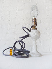 Antique Hobnail Milk Glass Lamp - Dark Grey Color Cloth Cord - Electric Westmoreland English