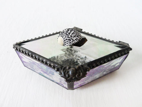 Spotted Seashell Diamond Shaped Beveled Glass Jewelry Box with Smokey Black Crystal Quartz