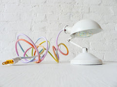 Vintage Industrial White Sconce Clip Clamp Light with Pastel Ombre Rainbow Textile Cord